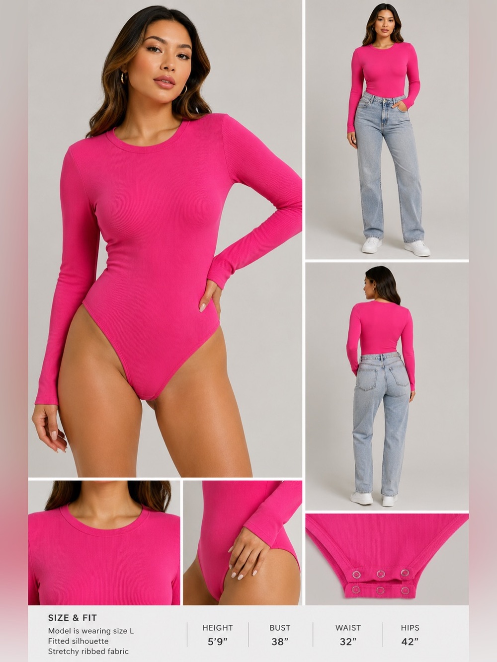 Women's Hot Pink Long Sleeve Ribbed Bodysuit